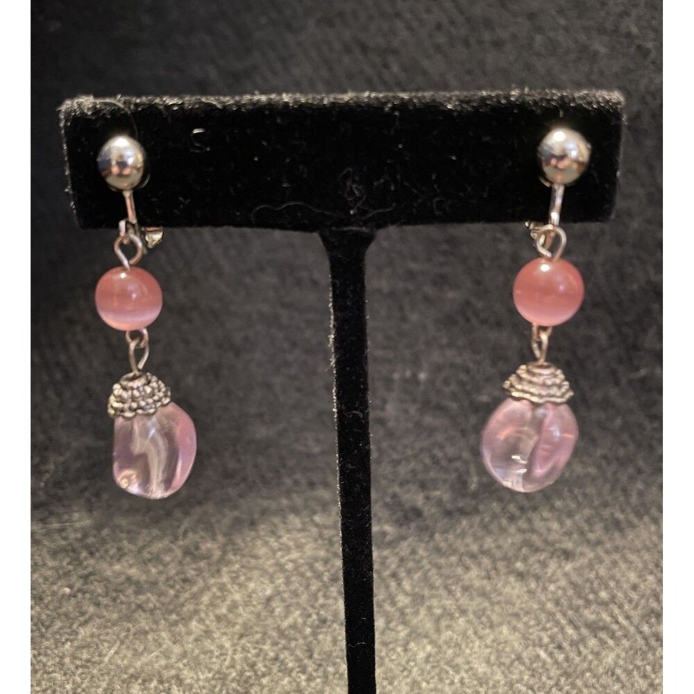 Pair of Poodle Pink & Silver Tone VTG Dangle Clip-On Costume Jewelry Earrings 2”